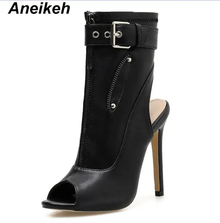 black Aneikeh/ г. Летние ботильоны из PU искусственной кожи женская обувь на высоком каблуке пикантные женские ботинки «Челси» с открытым носком вечерние туфли на тонком каблуке Размеры 35-40 - Цвет: black