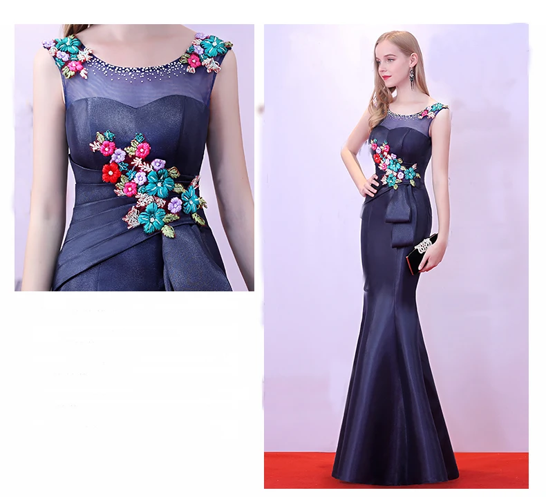Женское вечернее платье-русалка темно-синее длинное платье с юбкой годе 2018
