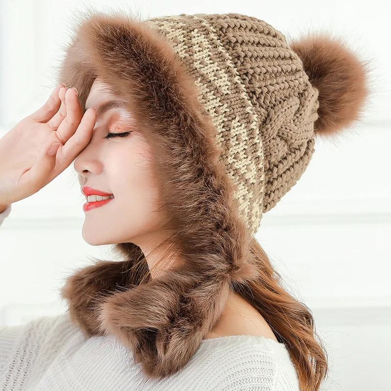 Вязаная шапка-бомбер из искусственного лисьего меха женская зимняя утепленная