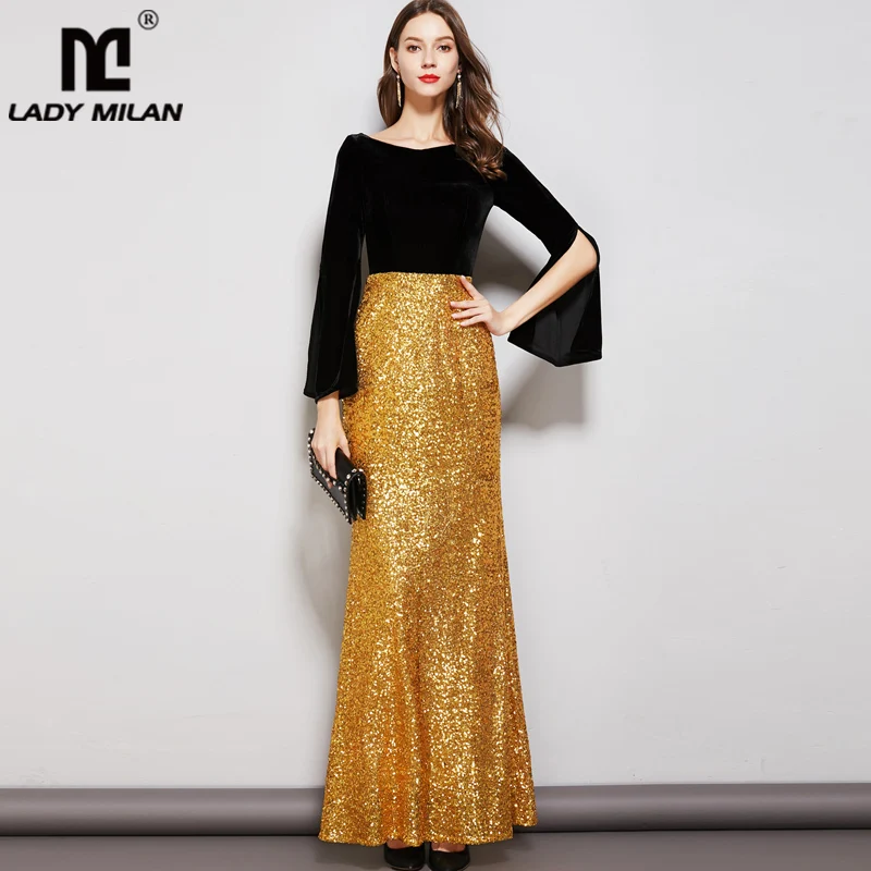 

Lady Milan Women's Party Prom Slash Neckline Long Sleeves Velvet Bodice Patchwork Sequined Elegant Floor Length Dresses
