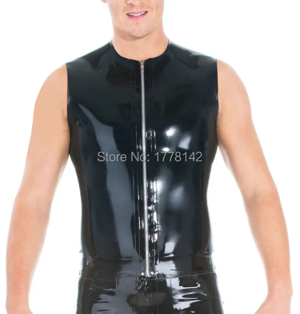 Men's T Shirt Top in Black Latex Rubber Sleeveless with Zip Front | Тематическая одежда и униформа