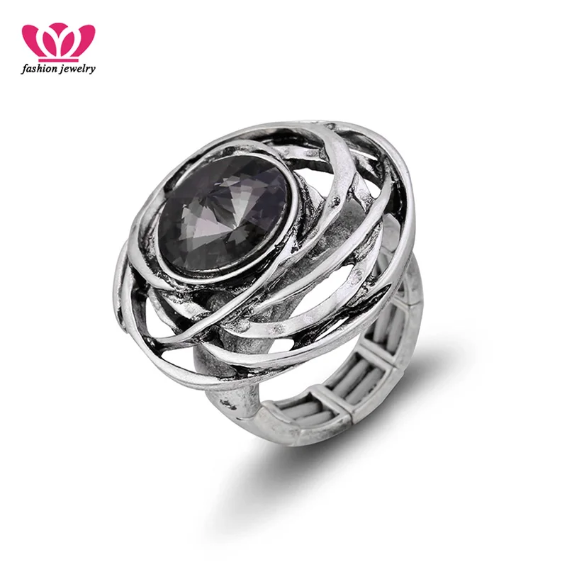 

Big Black Rhinestone Rings for Women Antique Silver Plated Adjustable Vintage Ring Wedding Party Jewelry Accessories Gift 2020