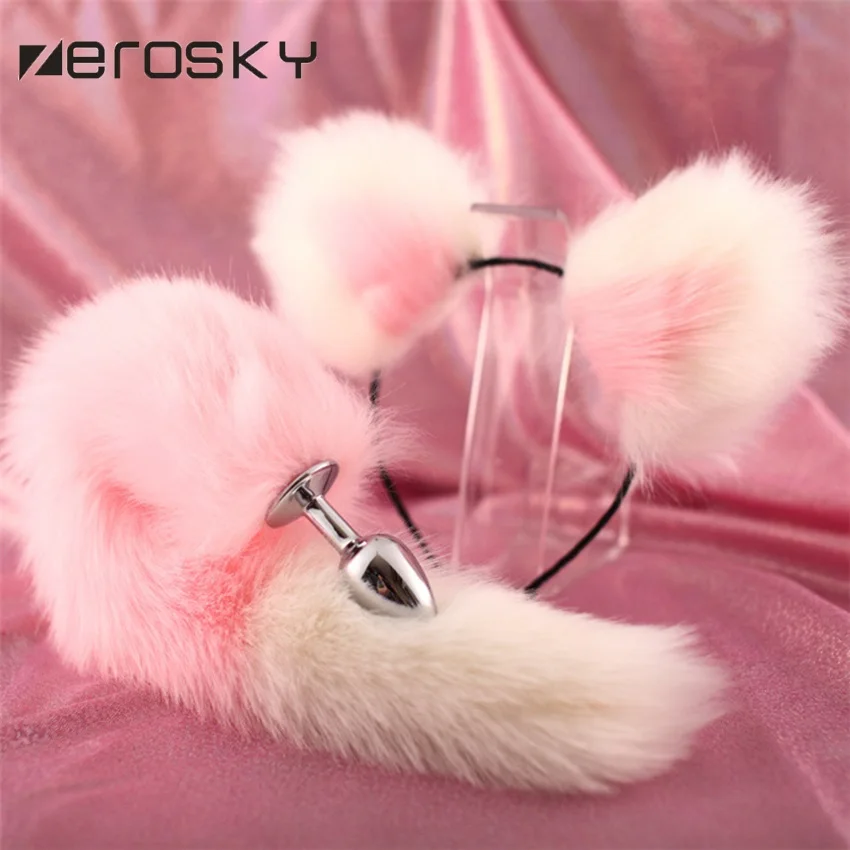 Cute Soft Cat ears Headbands with Fox Tail Bow Metal Butt Anal Plug Erotic Cosplay Adult Sex Toys Product for women Zerosky | Красота и
