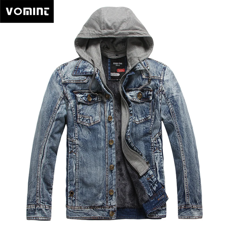 2019 Vomint новый для мужчин с капюшоном джинсовые куртки Зима утолщаются бархат мыть