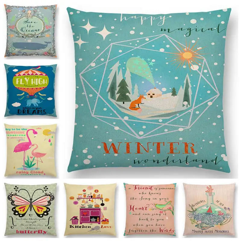 Hot Sale Cute Cartoon Animals Decorative Letters Flowers Bird Whale Cat Fox Flamingo Love Happy Life Cushion Sofa Throw Pillow | Дом и сад