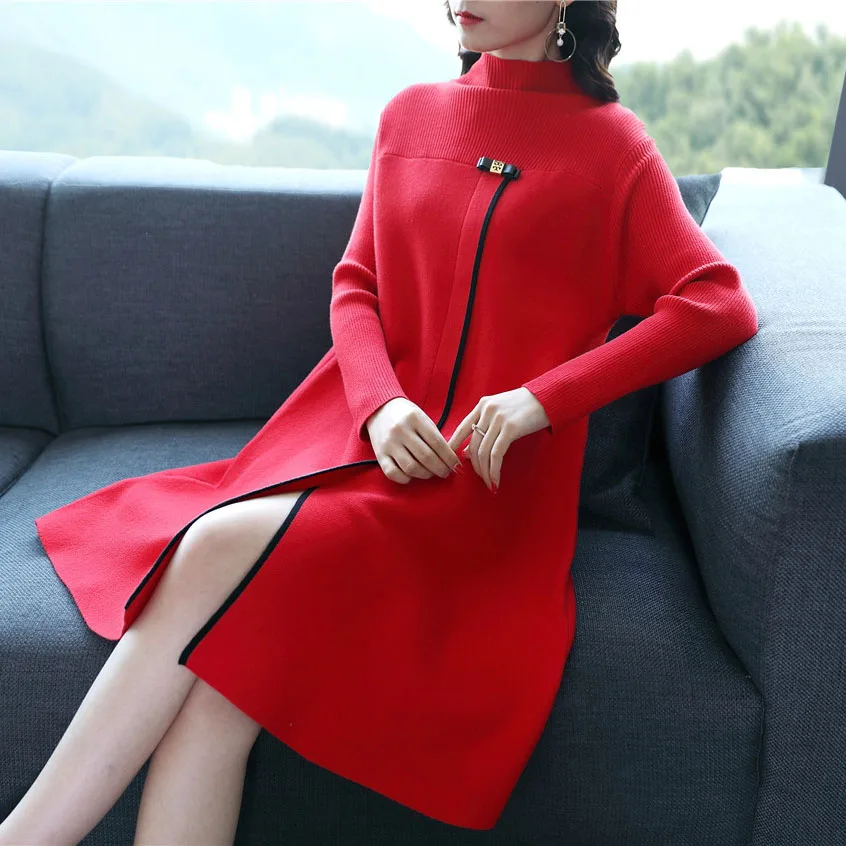 Новинка 2018 модное осенне-зимнее женское вязаное платье-свитер с длинным рукавом