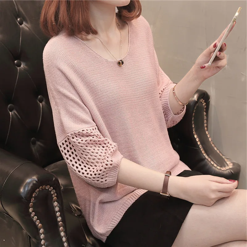 fashion summer women knitwear thin ice silk o-neck lantern half sleeve hollow loose Tops casual knitted all match sweatersFemale | Женская