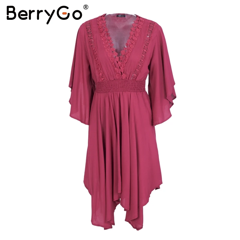 Женское кружевное платье миди BerryGo летнее асимметричное с v образным вырезом и