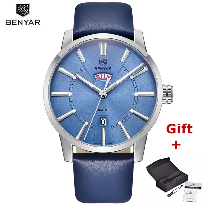 Новинка 2017 BENYAR Роскошные Брендовые мужские кожаные кварцевые часы Reloj Hombre Бизнес