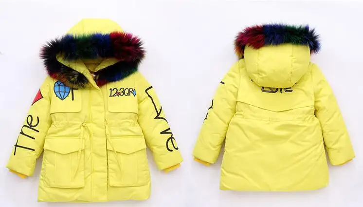 yellow Rlyaeiz/ г. Зимние куртки для девочек с большим меховым воротником, Модная парка с принтом в виде сердечек для девочек, пальто плотная теплая верхняя одежда средней длины для девочек - Цвет: yellow