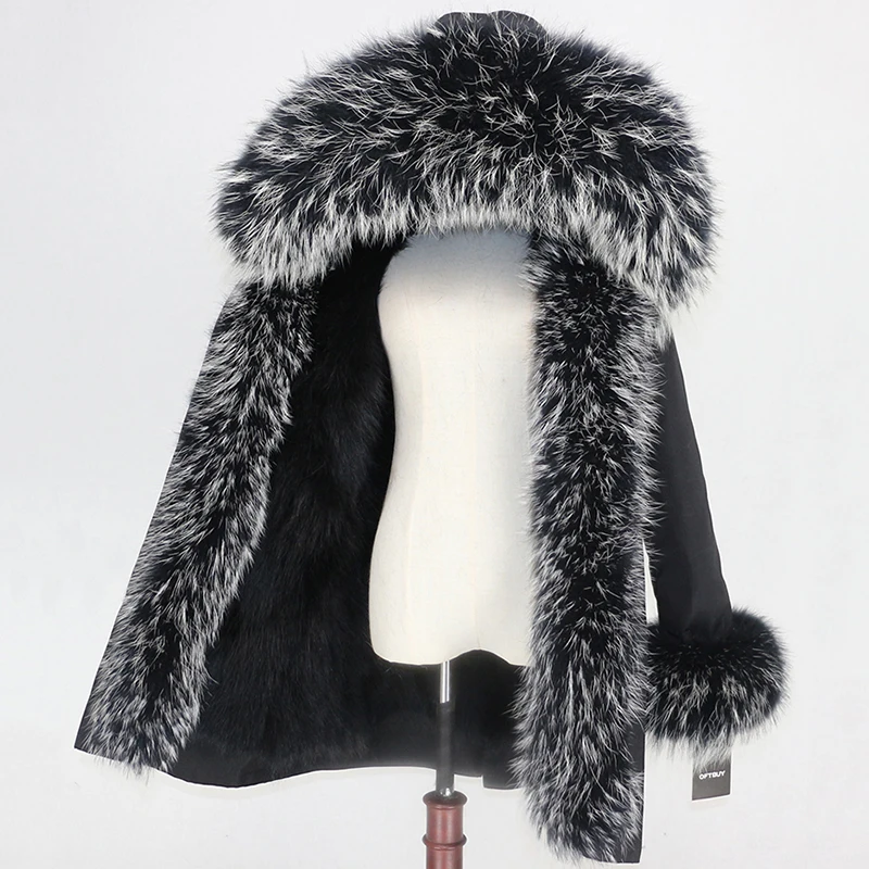 black black black W OFTBUY Водонепроницаемая парка зимняя куртка женская шуба из натурального меха енота воротник капюшон Подкладка из натурального кроличьего меха уличная одежда - Цвет: black black black W