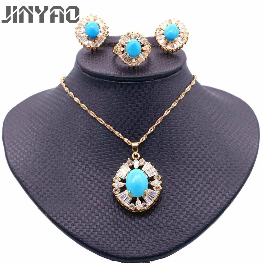 Женские круглые синие камни JINYAO набор из колье и сережек золотого цвета с