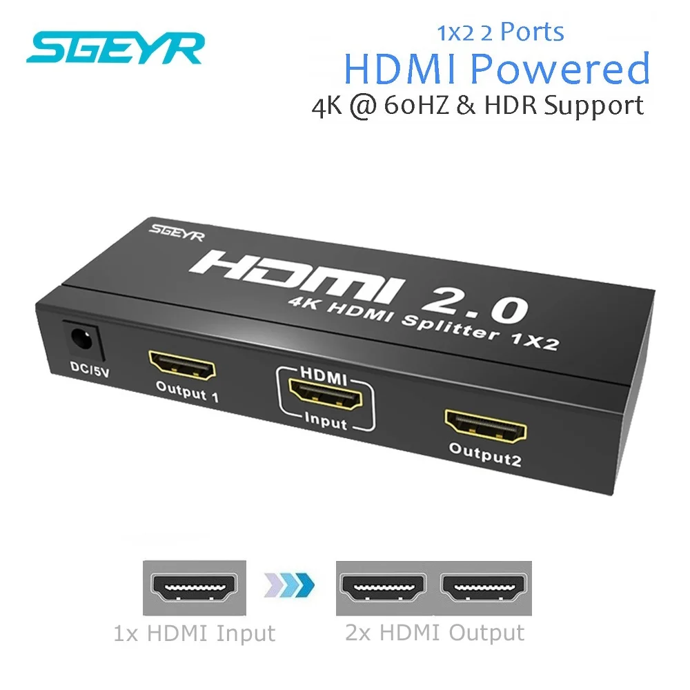 1x2 HDMI Сплиттер 4K 2 Way HDMI didriver сплиттер 1 в 2 Выход SGEYR сплиттер HDMI 2,0, HDCP2.2 4Kx2K@ 60 Гц с EDID переключателями