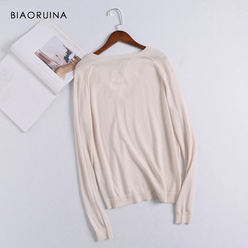 BIAORUINA Women Chic Merino Wool Thin Knitted Sweater Ddep V-neck Elegant Women's Solid Pullover Female Casual Sweaters | Женская