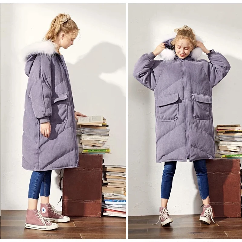 

Vintage Corduroy Long Parka Puffer Jacket Kawaii Bubble Coat Fur Parka Gothic Harajuku Long Coat Cotton Pocket Fur Hooded Parka