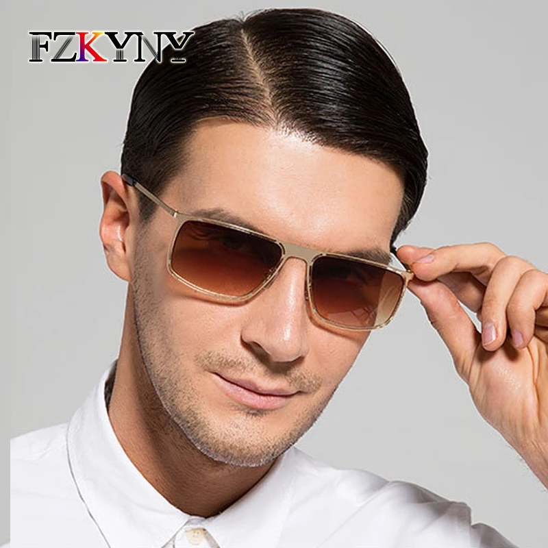 

FZKYNY Hign Quality Men Square Sunglasses Brand Design Male Stainless Steel Frame Sunglasses Color Film Mirror Coating Eyewear