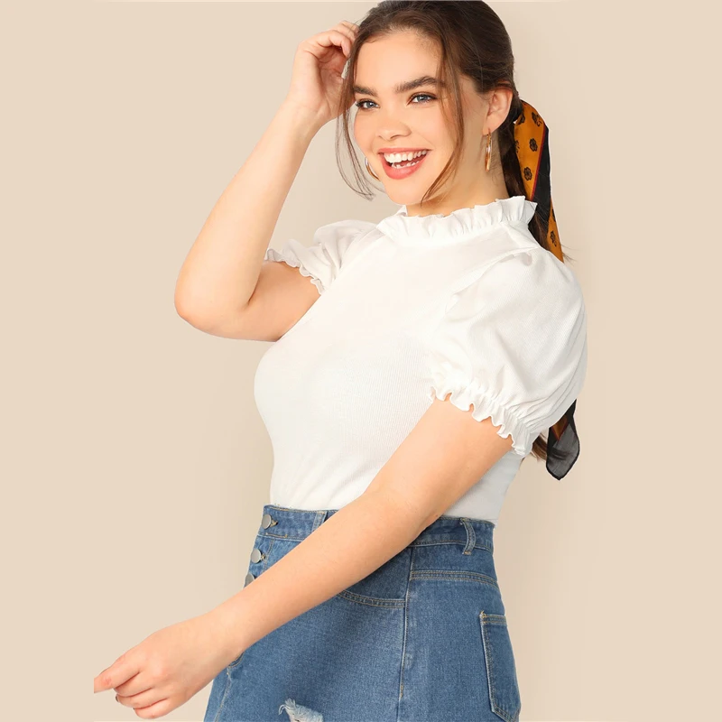 Dotfashion плюс Размеры бежевый плащеносных с пышными рукавами вязаная в рубчик Толстовка Футболка женская летняя Повседневное Топы; сезон весна; модные облегающие футболки