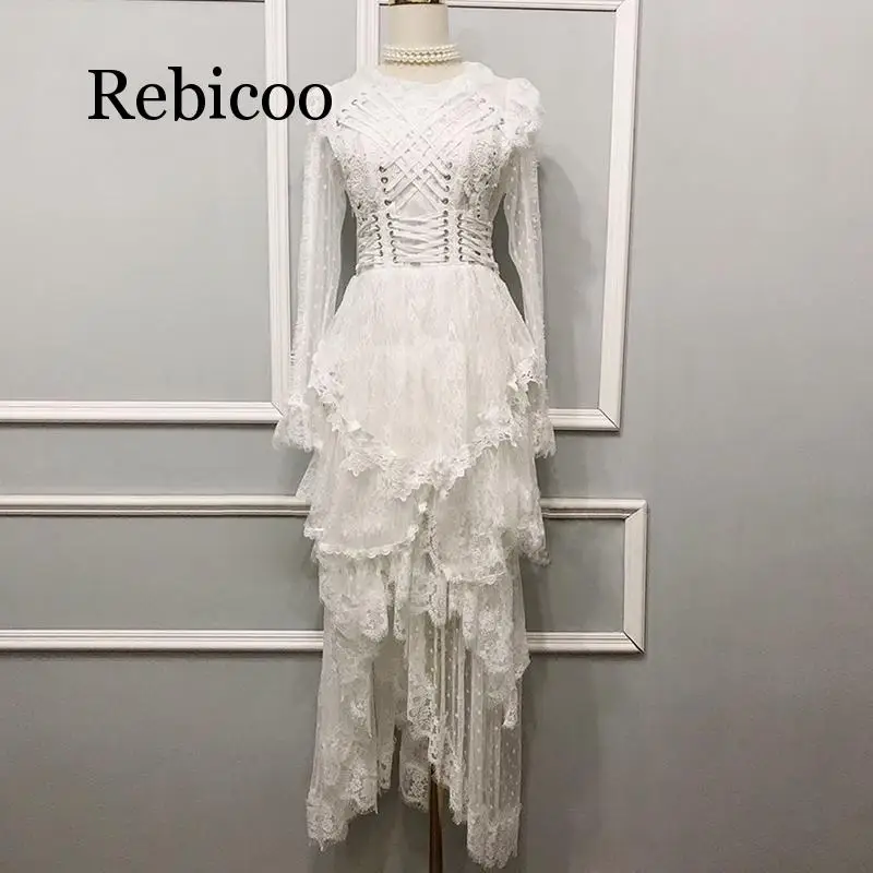 Rebicoo Стильное женское платье с длинным рукавом на шнуровке асимметричное Каскадное кружевное платье с оборками
