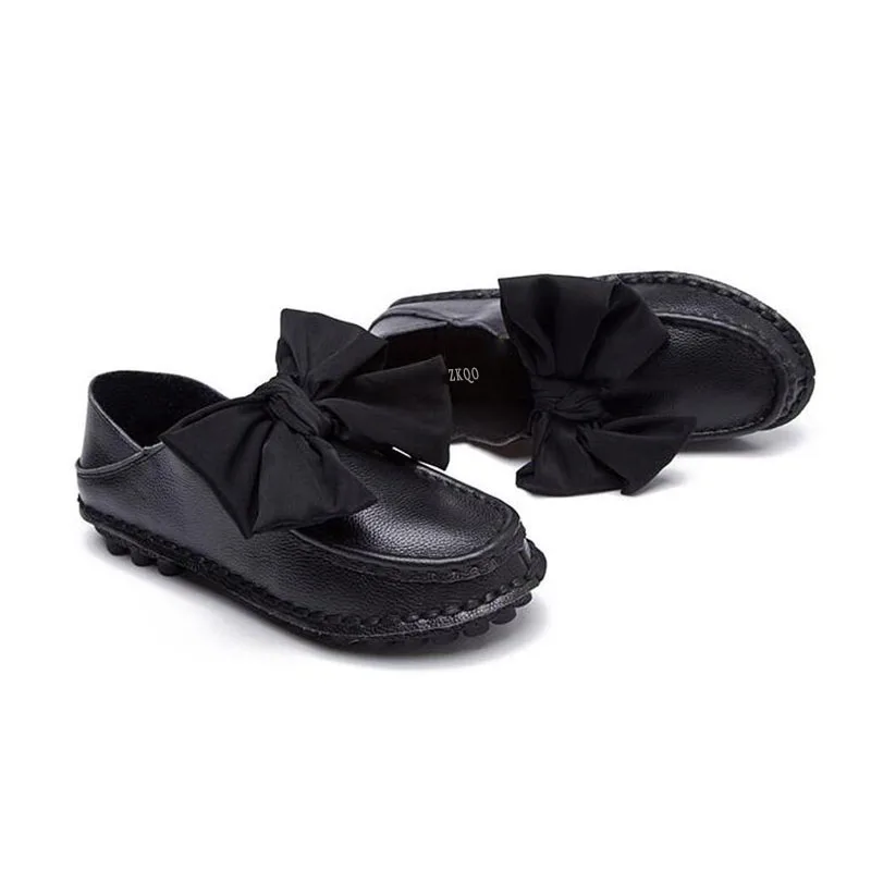 Black Leather Мокасины из воловьей кожи с низким вырезом и бантом; однотонные модные удобные лоферы из натуральной кожи; женская универсальная обувь - Цвет: Black Leather