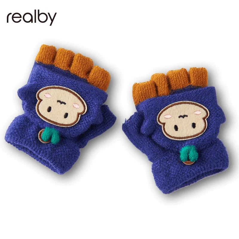 Зимние детские варежки с милым рисунком перчатки полупальцами теплые зимние