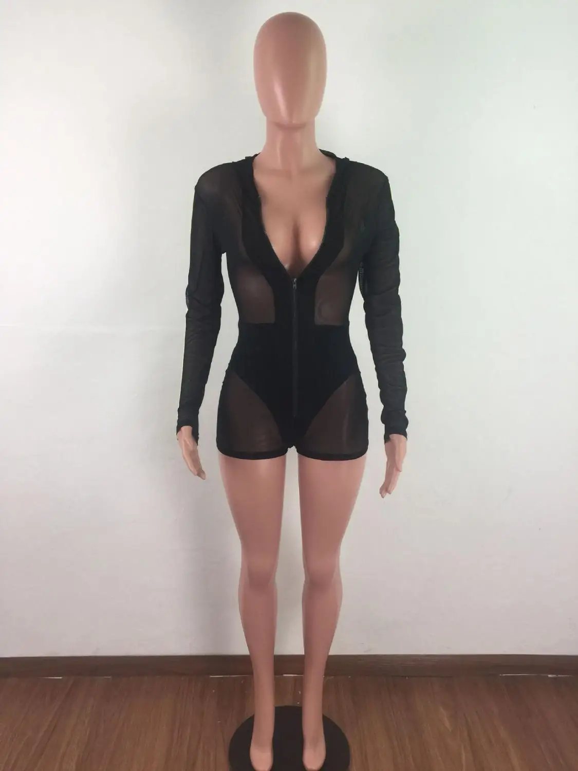 Женский сетчатый комбинированный комбинезон Облегающий на молнии с прозрачными