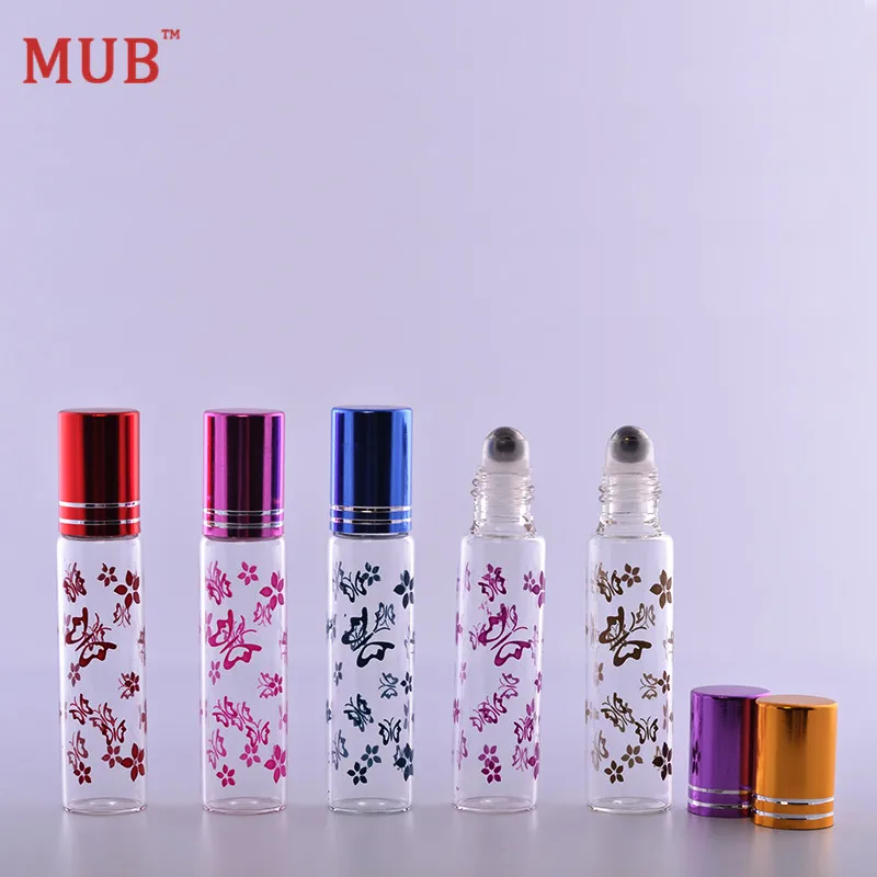 MUB - 10 ml (100pcs/lot) Metal Roll On Bottles For Essential Oils Butterfly Printing Portable Travel Perfume Bottle Rollerball