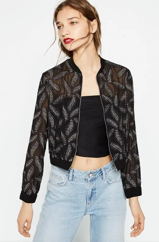 Новый 2016 Осенняя Мода Женщины Перо Вышивка прозрачная Сетка Куртка &quotПилот&quot