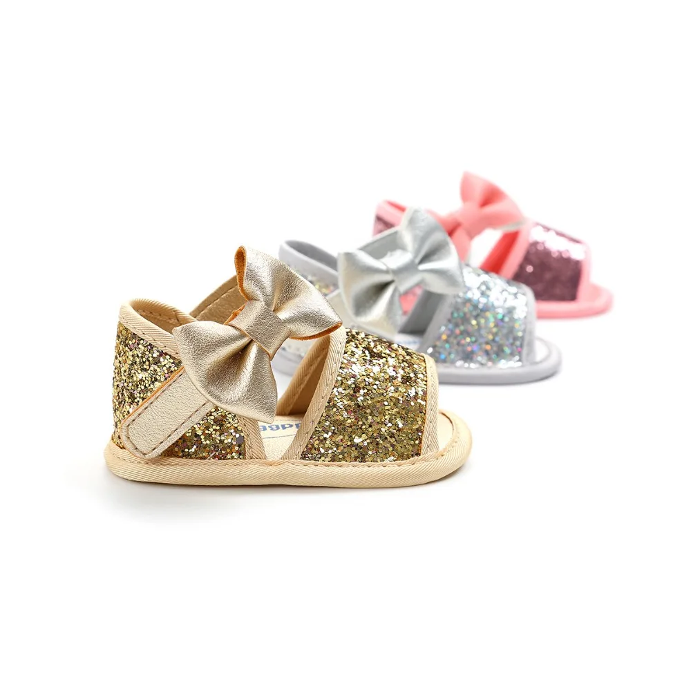 Brand Summer Sequin Bow Girls sandals PU Leather Princess sandals Gift baby moccasins Anti-slip Baby infant sandals