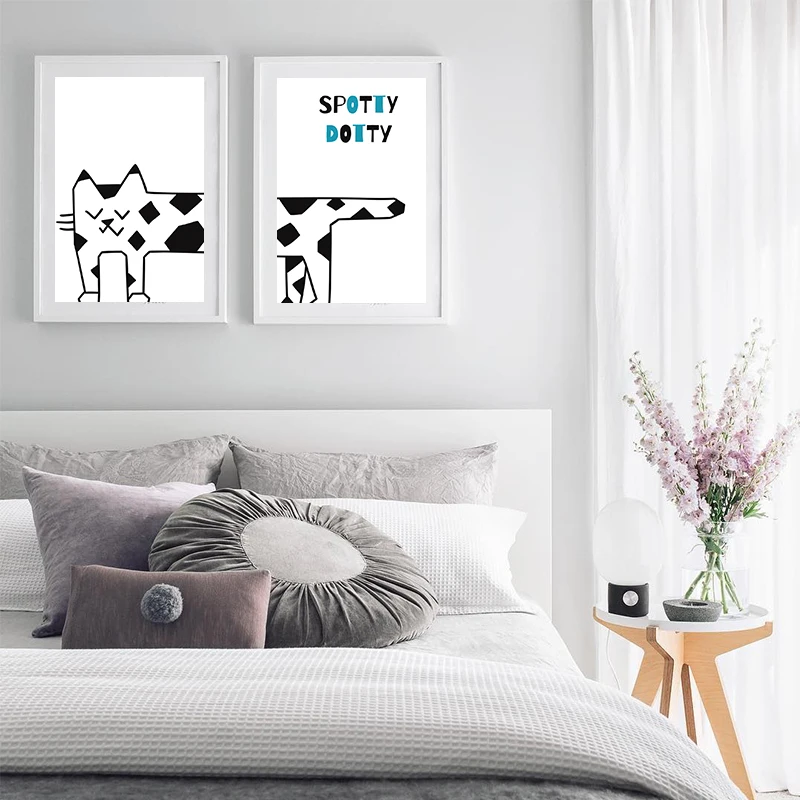 Nordic Canvas Cartoon Black White Cat Wall Art Home Decor Module Living Room Kid Bedroom Painting | Дом и сад
