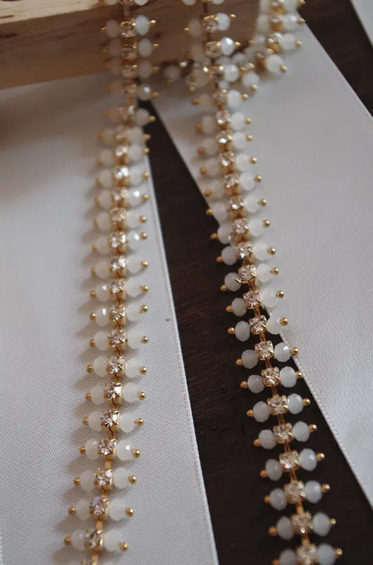 

Ivory Rhinestone Bead Chain Beading Trim Gold Rhinestone Bead Belt Bridal Headband, one yard