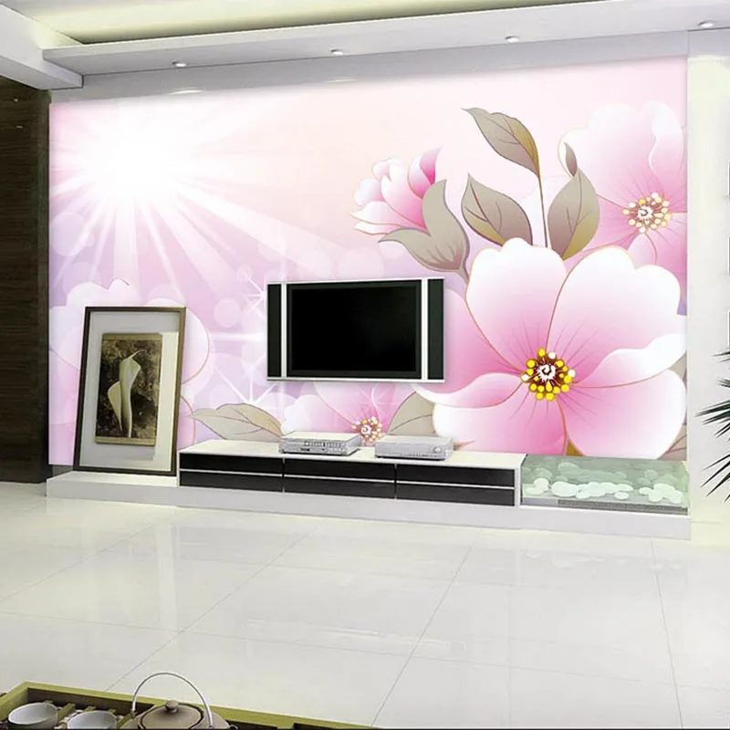 Современные розовые цветы фотообои гостиная телевизор диван спальня фон