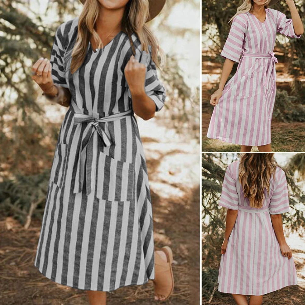 Женская одежда летнее богемное Полосатое платье с v образным вырезом карманом и