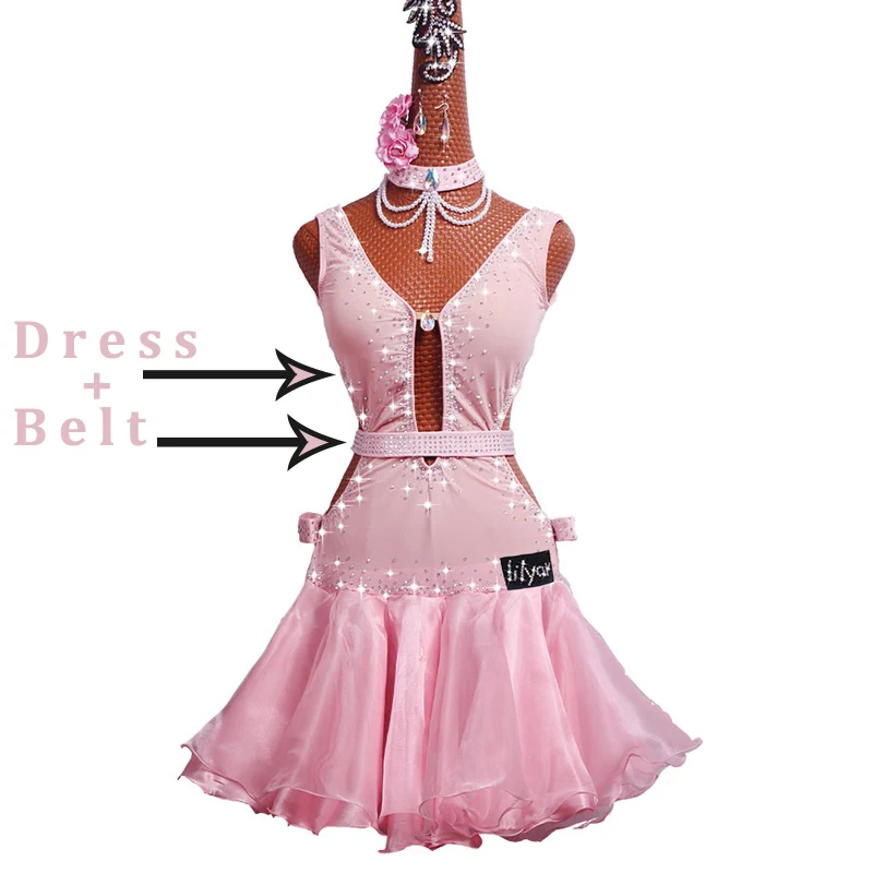 Dress And Belt Новые Детские платья для девочек/женщин, стразы, костюм, розовое платье для сальсы, профессиональное платье, платье для танцев, латинских соревнований, BL1888 - Цвет: Dress And Belt