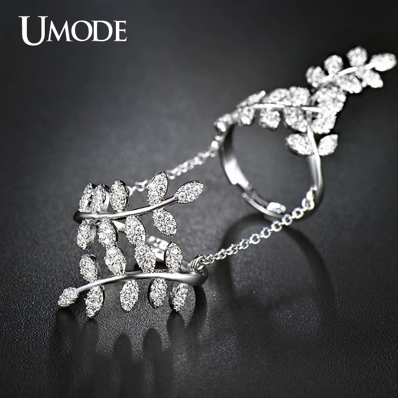 Umode олив бранч микро CZ белый позолоченные имитация два пальца с цепи украшения