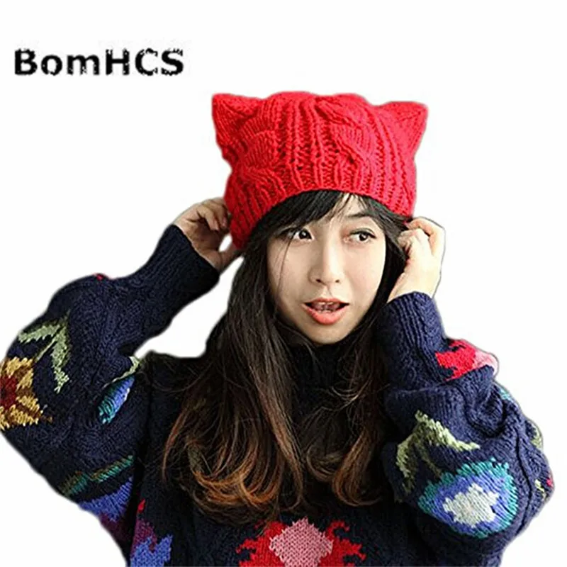 Милая женская зимняя теплая шапка BomHCS с кошачьими ушками вязаная крючком