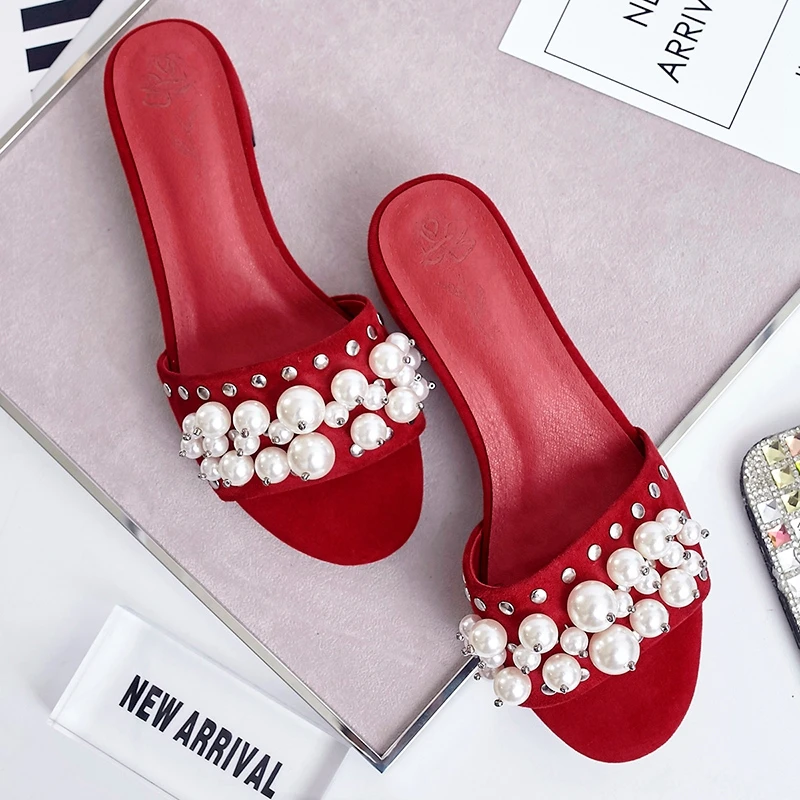 High quality real leather Lady slides Shoes women 2017 summer new female thick heel sandales mule slippers big size 41 red black | Обувь
