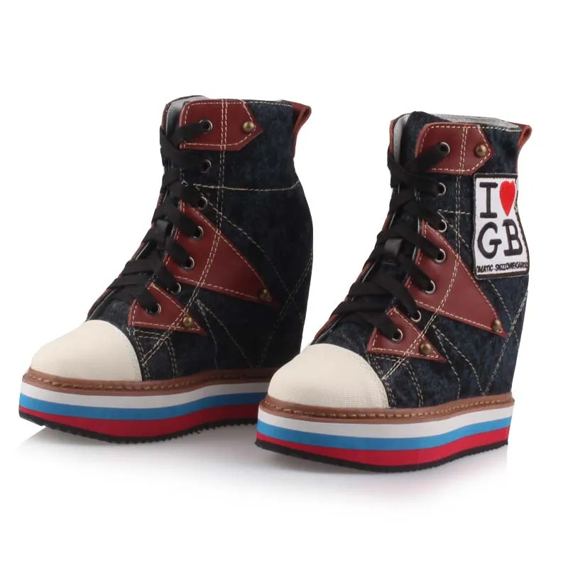 

2018 women thick soles high platform canvas shoe denim wedges heels casual shoes fashion patchwork rivets high top lace up women