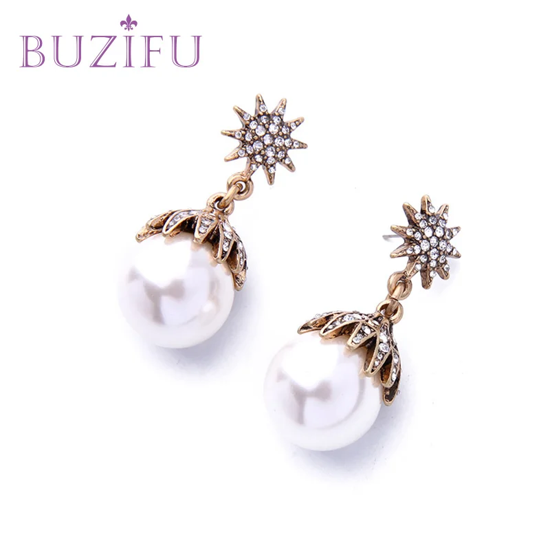 BUZIFU Simulated Round Pearl Earrings Gold Color Snow Shaped Shinning Crystal Cute Fashion Wedding Jewelry UE201 | Украшения и
