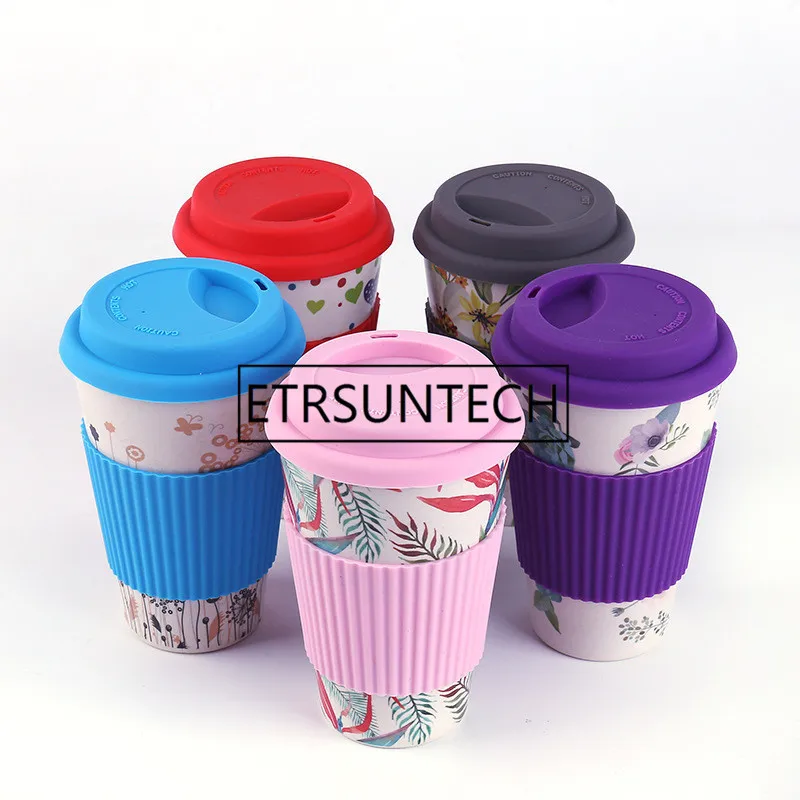Taza de caf&eacute; de fibra de bamb&uacute; ecol&oacute;gica con tapa de silicona reutilizable y manga para bebidas, regalo de viaje al por mayor, 6 estilos, 60 unids/lote-1