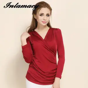 Шелковая трикотажная куртка с V-образным вырезом, плиссированная футболка с длинными рукавами, 100% натуральный шелк