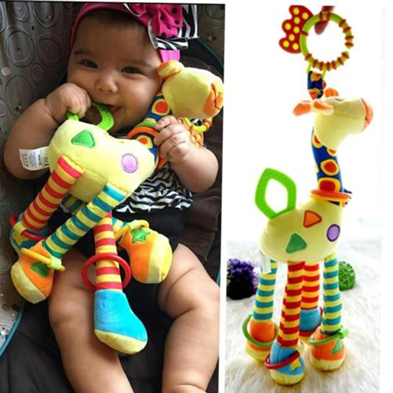 Plush Infant Baby Development Soft Giraffe Animal Handbells Rattles Handle Toys Hot Selling WIth Teether Baby Toy