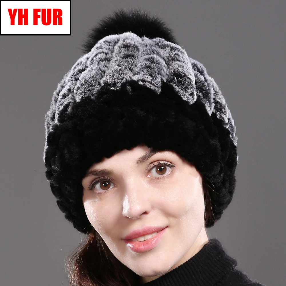 DIY хорошо тянутся натуральный шапка из меха кролика Рекс женская зимняя теплая