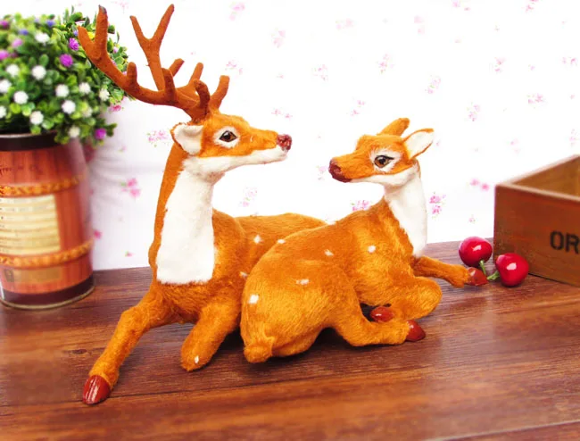 

simulation prone deer toy fur couples deers about 30x23cm hard model handicraft decoration gift h1243