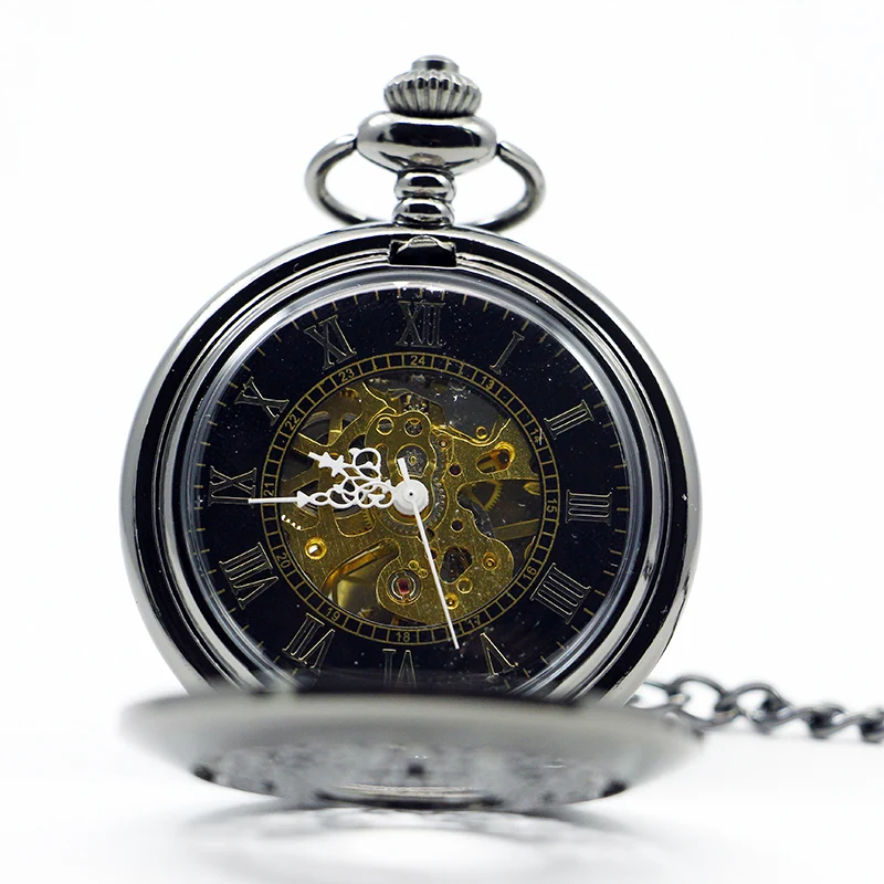 Black Exquisite Pattern Hollow Relief Fashion Mechanical Pocket Watch Retro Roman Numerals Steampunk Fob Chain Men's Watch