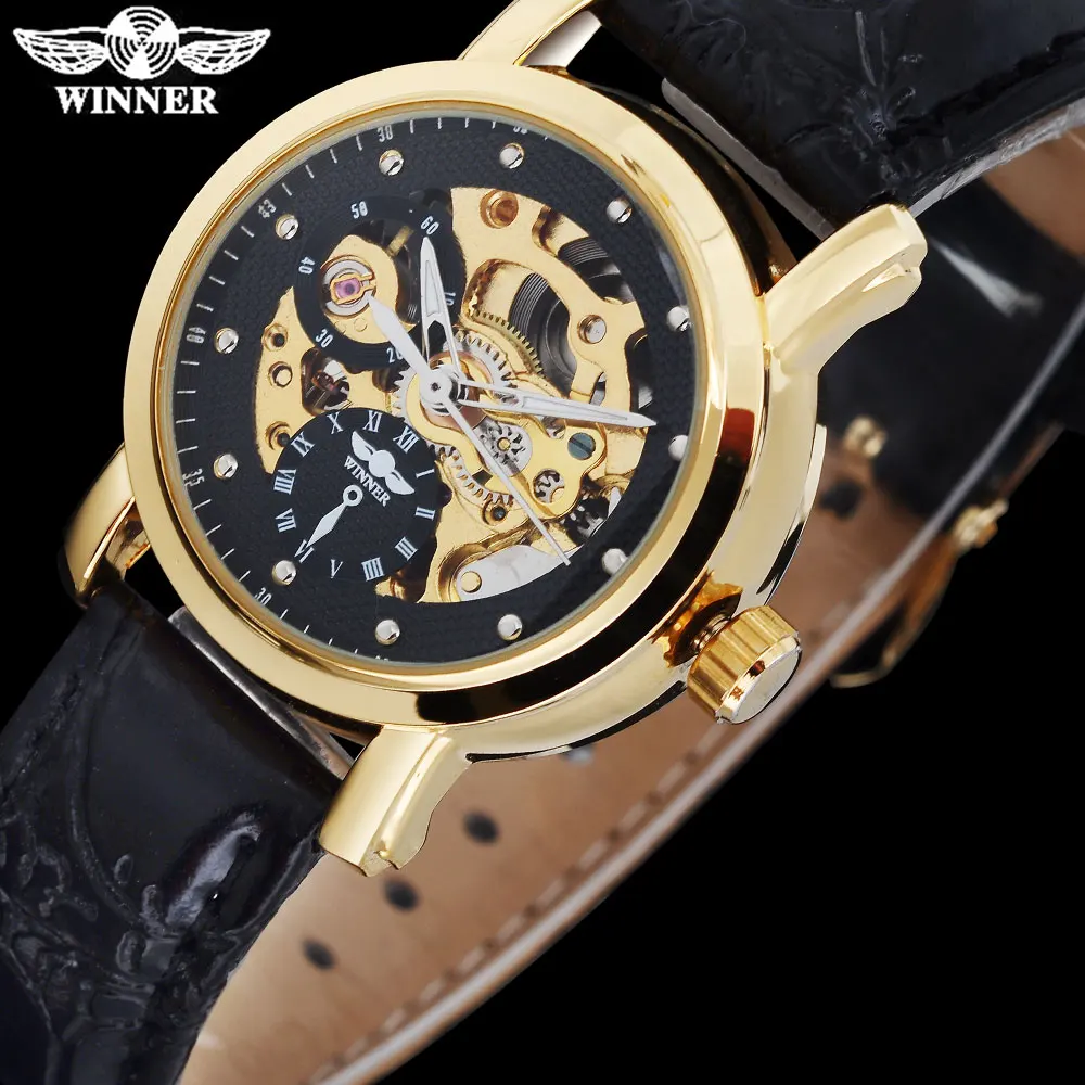 Женские часы WINNER Роскошные автоматические с кожаным ремешком и прозрачным