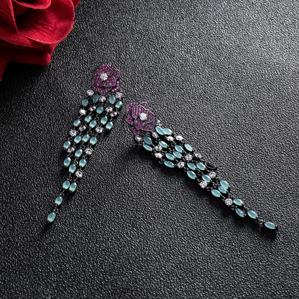 Bilincolor long black gun plated vintage purple rose flower with green tassel earring for women | Украшения и аксессуары