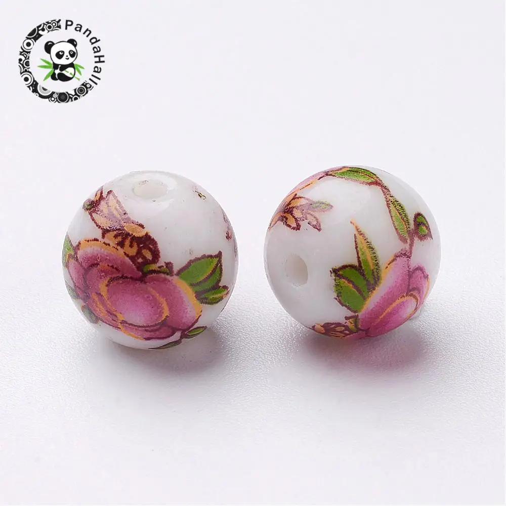 

100pcs Round Flamingo Flower Picture Glass Beads Loose Beads for Jewelry Making DIY Bracelet Necklace 10x9mm Hole: 1.5mm