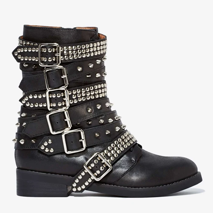 black(leather in) Prova Perfetto британский стиль кожаные сапоги до середины икры индивидуальный дизайн с заклепками сапоги женские черные ремень пряжка хорошая обувь на низком каблуке - Цвет: black(leather in)