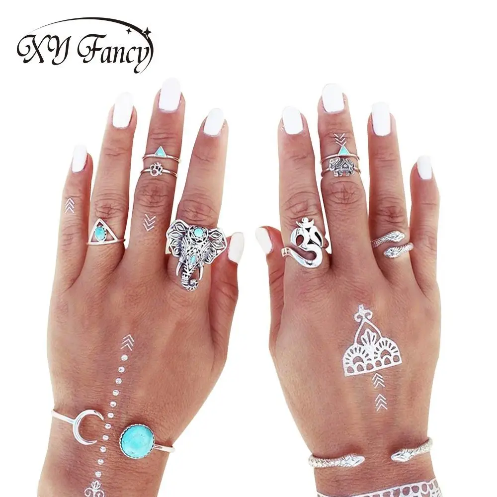 XY Fancy Для женщин Кольца набор из 8 шт. Винтаж Ретро Змея слон Kylin шипа костяшки