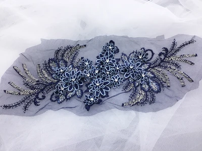 navy blue 3D горный хрусталь кружева цветок вышивка Свадебная аппликация жемчуг бисером тюль 5 цветов для DIY мотив 42*16 см - Цвет: navy blue